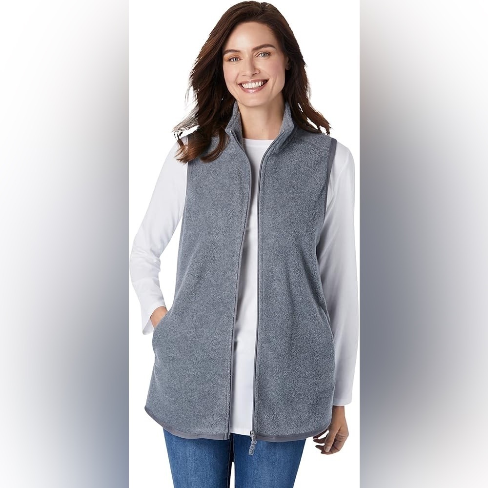 Woman Within Plus Size Zip-Front Microfleece Vest Long Fleece Vest Size Large